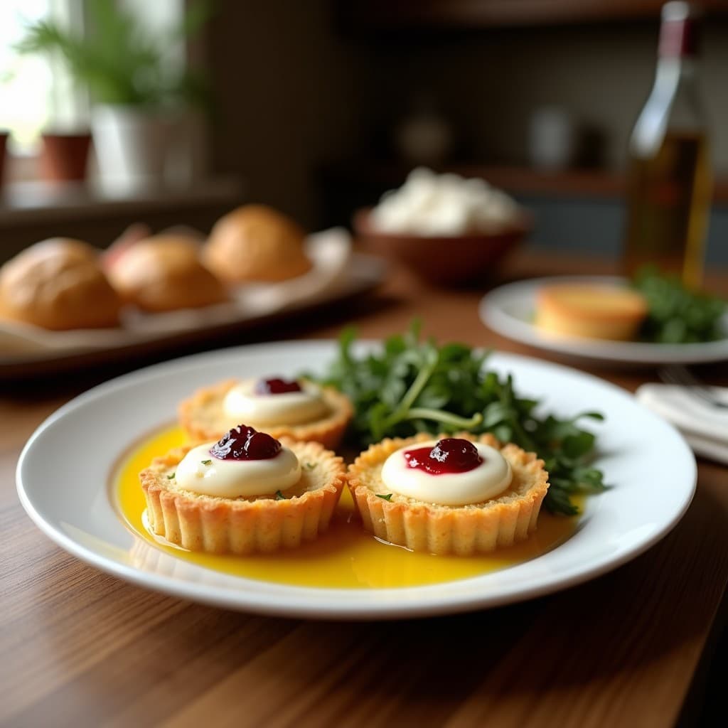 Tartaletas veganas de base dorada de dátiles con relleno cremoso de paté de berenjena, decoradas con aceite de oliva virgen extra y perejil fresco sobre una tabla de madera rústica.