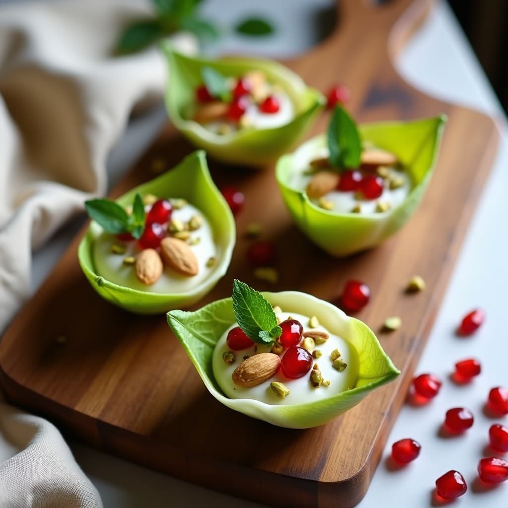 Tartaletas elegantes de hojas de endivia rellenas de crema de queso de almendras, decoradas con semillas de granado rojas, almendras fileteadas doradas y hojas de menta fresca sobre una bandeja de madera rústica.