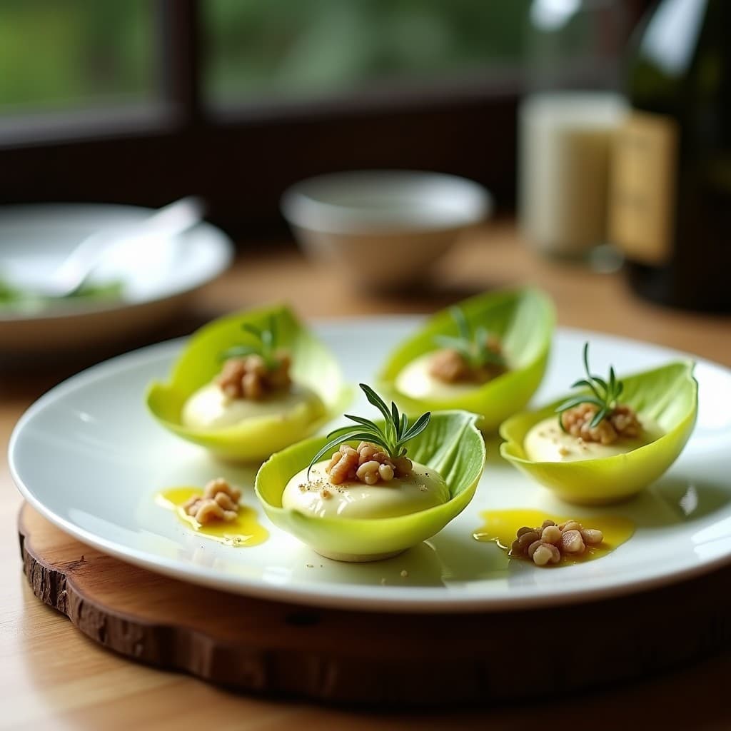 Tartaletas elegantes de hojas de endivia rellenas de cremoso queso de anacardos, decoradas con apio en juliana y nueces picadas, servidas en bandeja de madera con toque gourmet francés.
