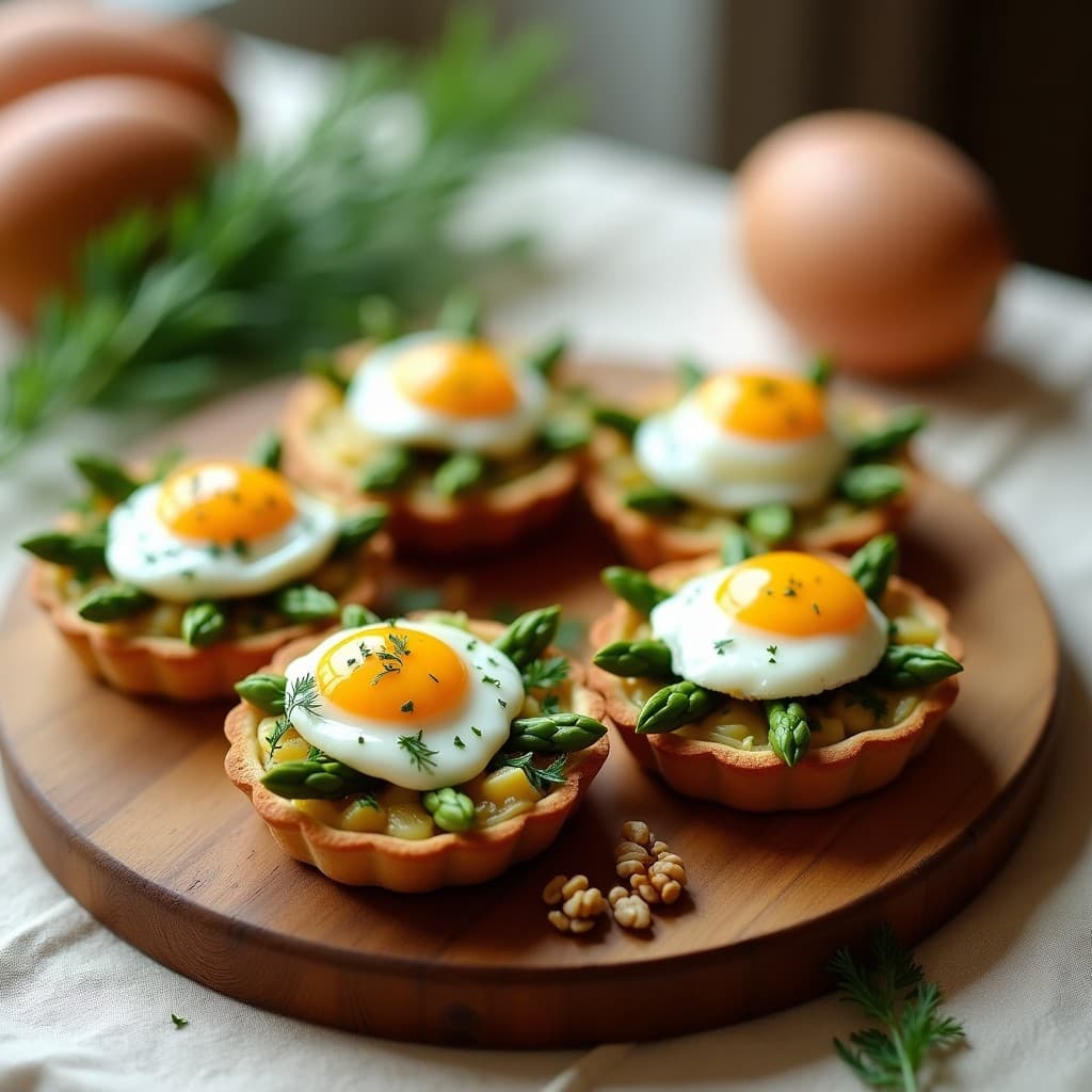 Tartaletas de espárragos y huevo poché sobre masa brisa dorada, con queso de cabra desmenuzado, nueces picadas y eneldo fresco, receta francesa elegante y alta en proteína.