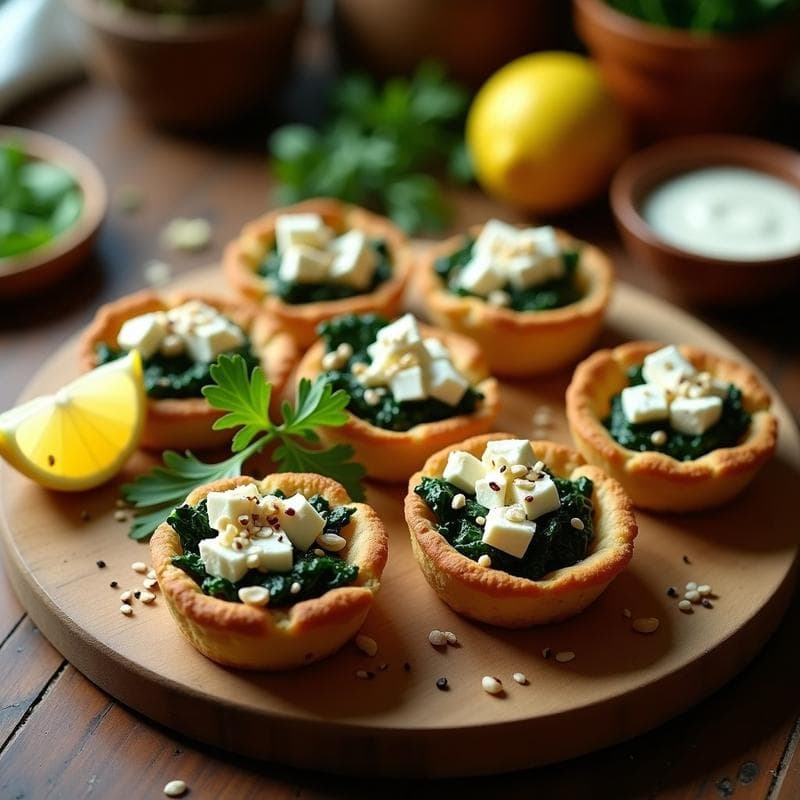 Tartaletas de espinaca y queso feta con masa de almendras doradas, servidas en plato blanco rústico sobre fondo de madera. Entrante griego sin harina, crujiente y cremoso.