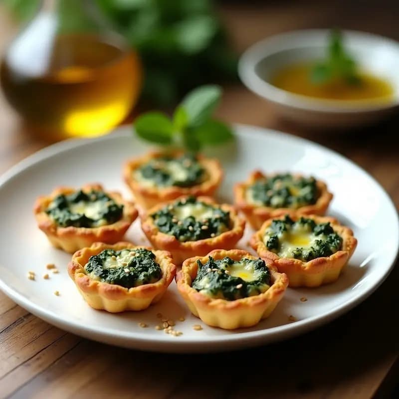 Tartaletas veganas de espinaca y queso de soja con masa de garbanzo dorada, decoradas con semillas de sésamo y servidas en un plato de cerámica blanca. Receta griega al horno en 20 minutos.
