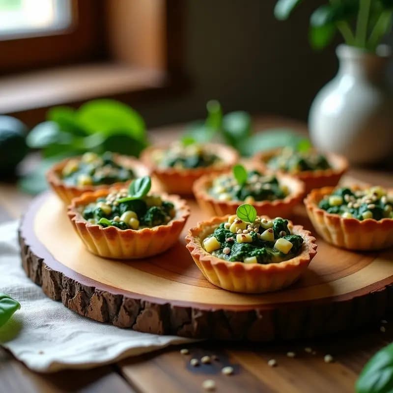 Tartaletas doradas de espinaca y tofu ahumado en molde de metal, con semillas de sésamo tostadas por encima, servidas en una tabla de madera rústica.