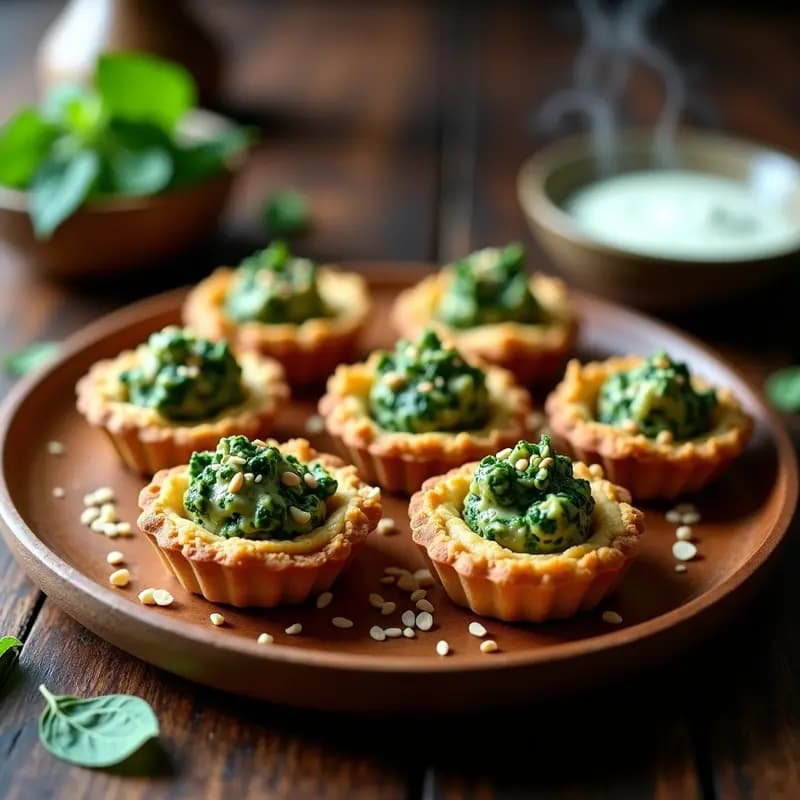 Tartaletas doradas en molde de silicona, rellenas de mezcla verde de espinaca y tofu ahumado desmenuzado, con semillas de sésamo por encima, servidas en plato de madera rústico.