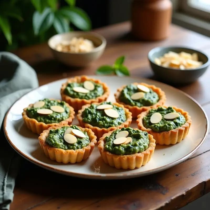 Tartaletas veganas doradas con base de harina de garbanzo rellenas de cremosa mezcla de espinaca y tofu, decoradas con almendras fileteadas sobre fondo rústico de madera.