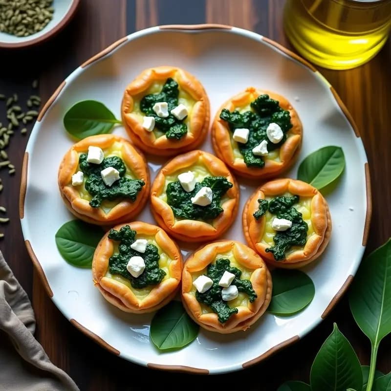 Tartaletas keto doradas en molde de silicona, rellenas de espinacas verdes y queso feta desmenuzado, servidas en plato de cerámica blanca con decoración de orégano y aceite de oliva.