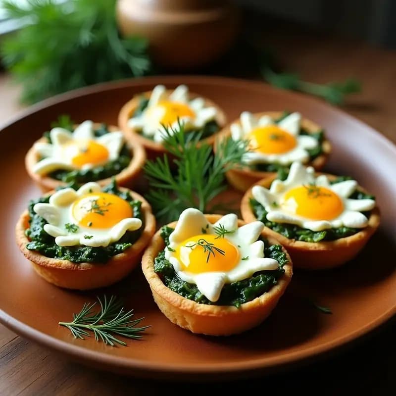 Tartaletas griegas doradas con base de hojaldre crujiente, rellenas de espinacas verdes y queso feta blanco, coronadas con huevos camperos y decoradas con eneldo fresco sobre un plato de madera rústica.