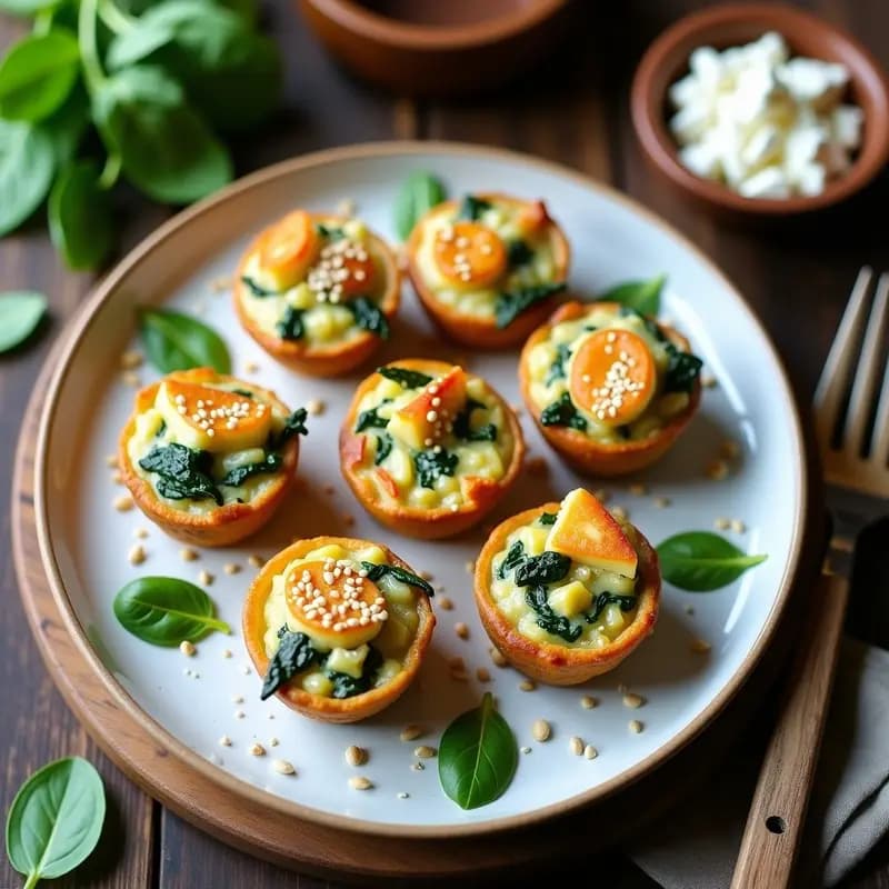 Tartaletas doradas de espinacas y feta sin masa en molde de silicona, con semillas de sésamo espolvoreadas, servidas en plato blanco rústico.