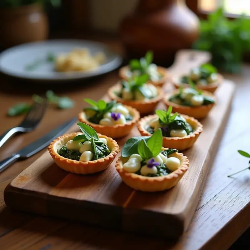 Tartaletas doradas de masa quebrada rellenas de espinacas salteadas y crema de gorgonzola, servidas en una bandeja de madera rústica con decoración de hojas verdes.