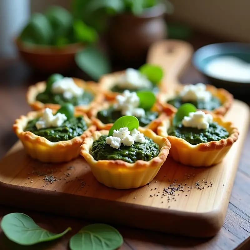 Tartaletas doradas en moldes individuales con relleno verde de espinacas y hongos ostra, espolvoreadas con queso de cabra desmenuzado, servidas en una bandeja de madera rústica.