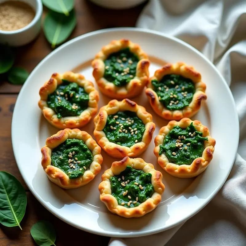 Tartaletas veganas doradas con relleno cremoso verde de espinacas y tofu sedoso, espolvoreadas con semillas de sésamo, servidas en plato blanco sobre fondo rústico.