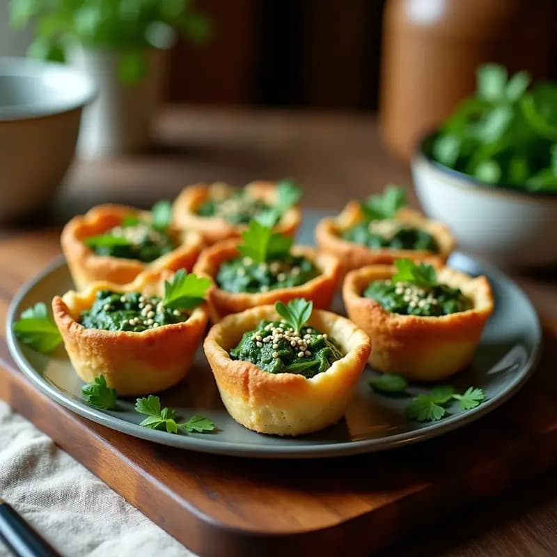 Tartaletas veganas doradas en molde de metal, rellenas de mezcla verde de espinacas y tofu, decoradas con semillas de sésamo y comino, sobre tabla de madera rústica.