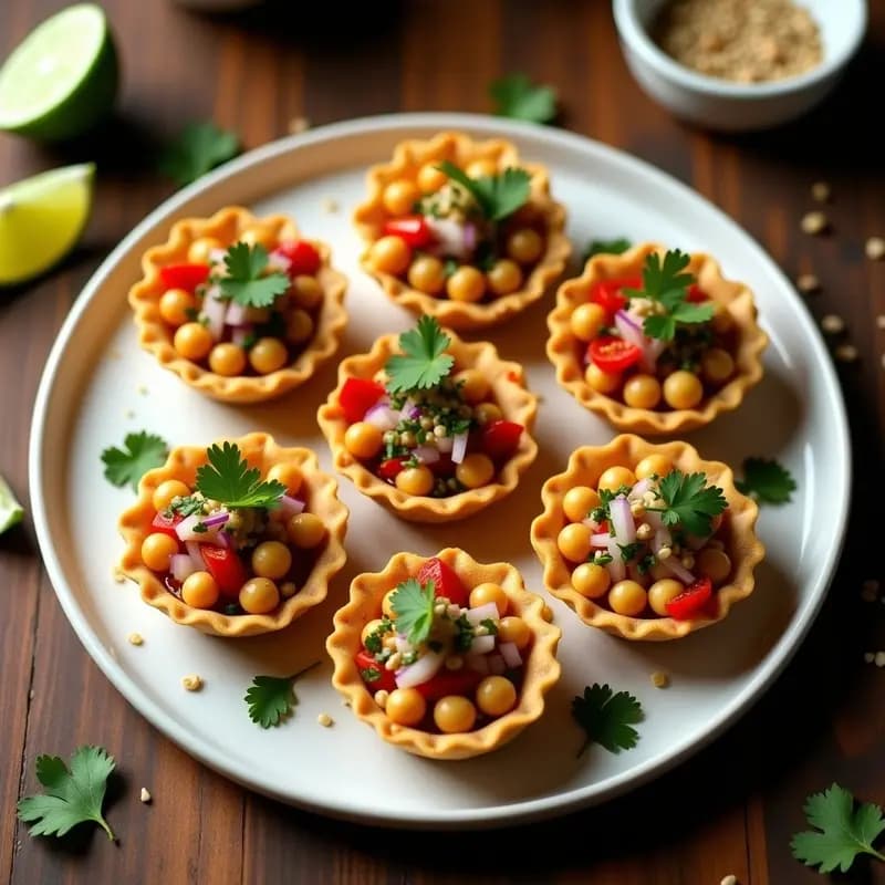 Tartaletas doradas de masa de garbanzo rellenas de ceviche de palmito, con rodajas de tomate, cebolla morada y cilantro fresco, aperitivo peruano sin pescado.