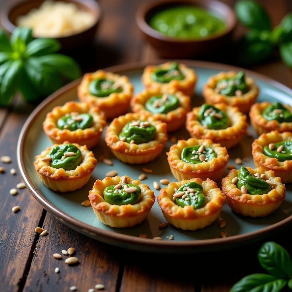 Tartaletas doradas de masa de garbanzo rellenas de pesto de albahaca verde brillante, decoradas con semillas de sésamo. Aperitivo sin gluten y crujiente sobre fondo rústico de madera con hierbas frescas.