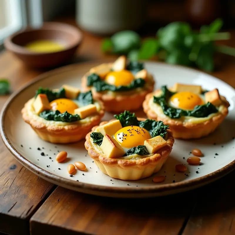 Tartaletas doradas de hojaldre sin gluten rellenas de espinacas salteadas, cubos de halloumi dorado y huevo cuajado, decoradas con piñones y pimienta negra.