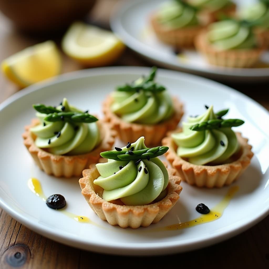 Tartaletas doradas de harina de almendra rellenas de crema de espárragos verdes, decoradas con puntas de espárragos, semillas de amapola y un hilo de aceite de sésamo, sobre un plato de porcelana blanca con fondo de madera rústica.