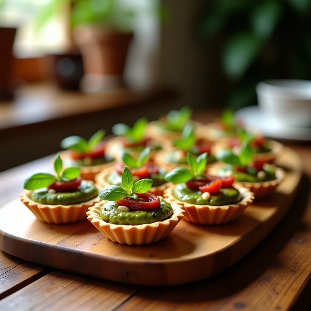 Tartaletas doradas de harina de almendra rellenas con pesto de albahaca verde brillante y tomates secos en tiras, servidas en bandeja de madera con hojas de albahaca fresca como decoración.