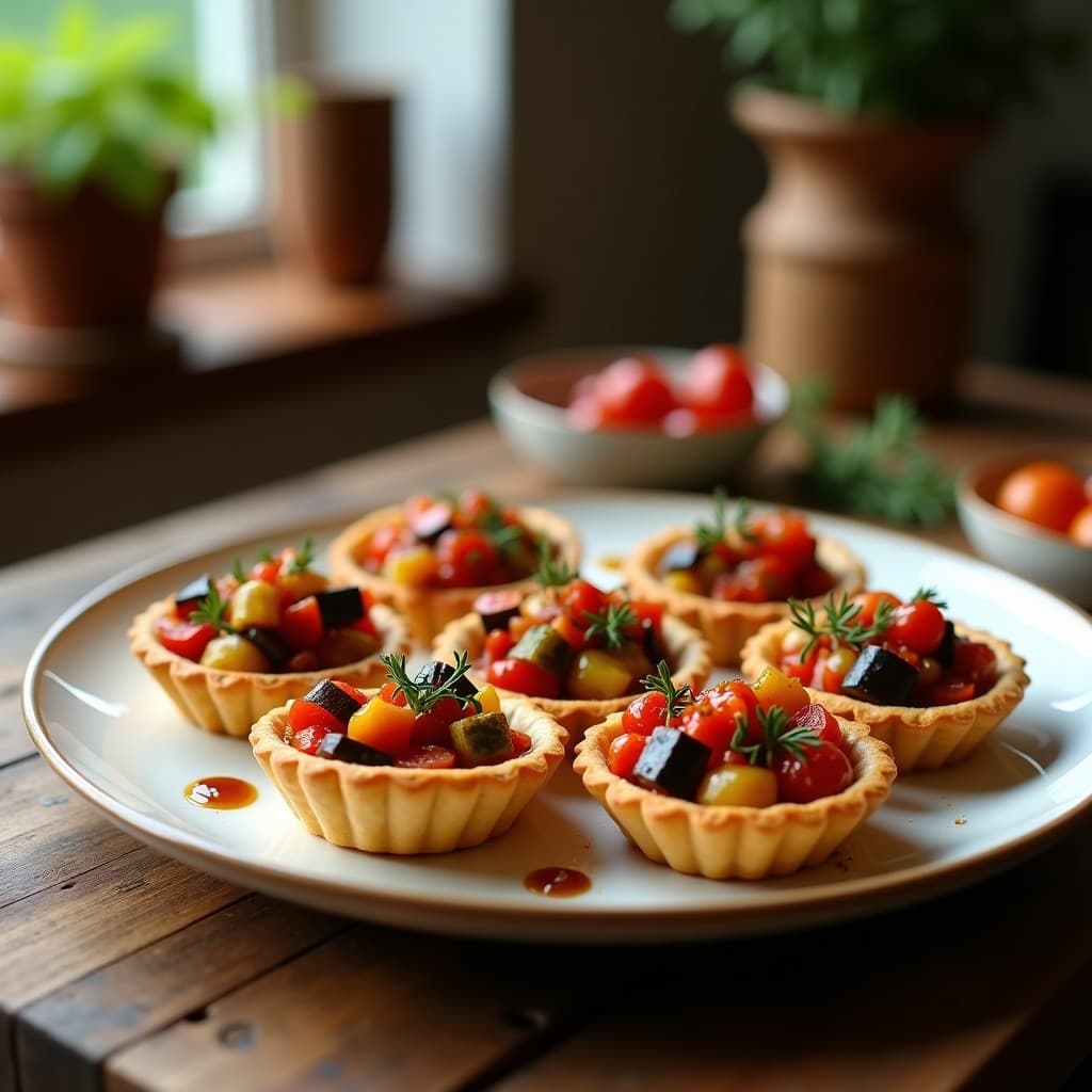 Tartaletas doradas de harina de almendra rellenas de ratatouille colorida, con capas de berenjena, calabacín, pimiento y tomate, decoradas con hierbas frescas. Receta vegana y sin gluten.