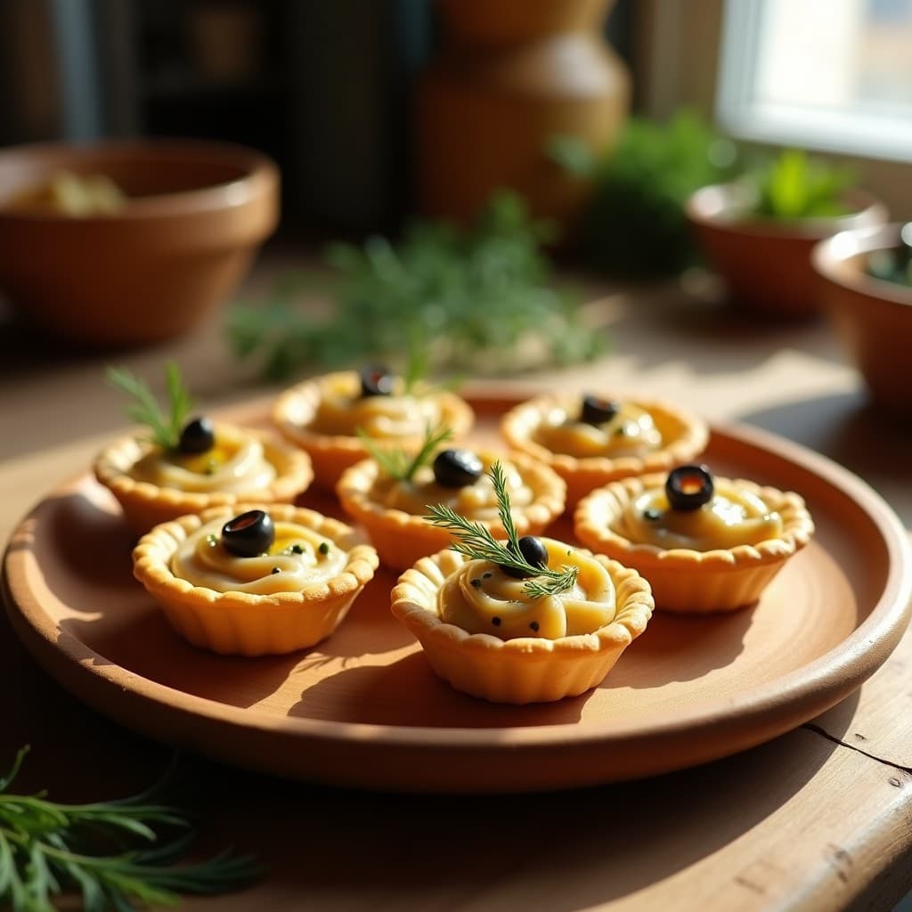 Tartaletas de harina de arroz doradas y crujientes rellenas de una mezcla cremosa de atún, alcaparras y cebolla morada, decoradas con eneldo fresco y un hilo de aceite de oliva sobre un plato de madera rústico.