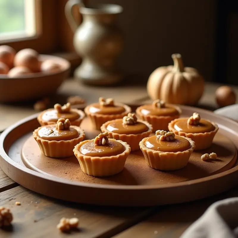 Tartaletas doradas de harina de castaña con relleno cremoso de puré de castañas y nueces picadas, postre francés sin gluten sobre bandeja de madera rústica.