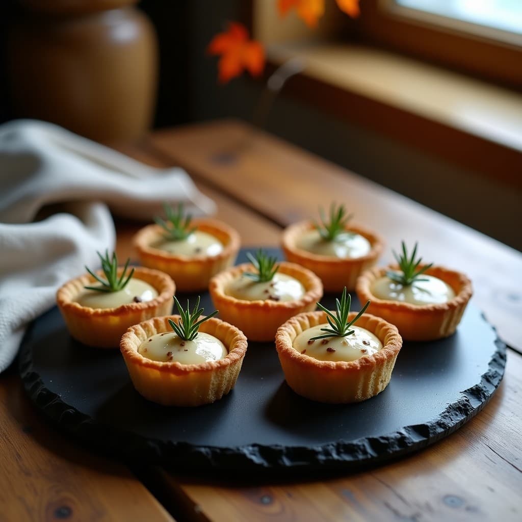 Tartaletas doradas de harina de castaña rellenas de crema sedosa de setas silvestres, decoradas con una rama de romero fresco sobre un mantel de lino beige. Receta otoñal sin gluten.