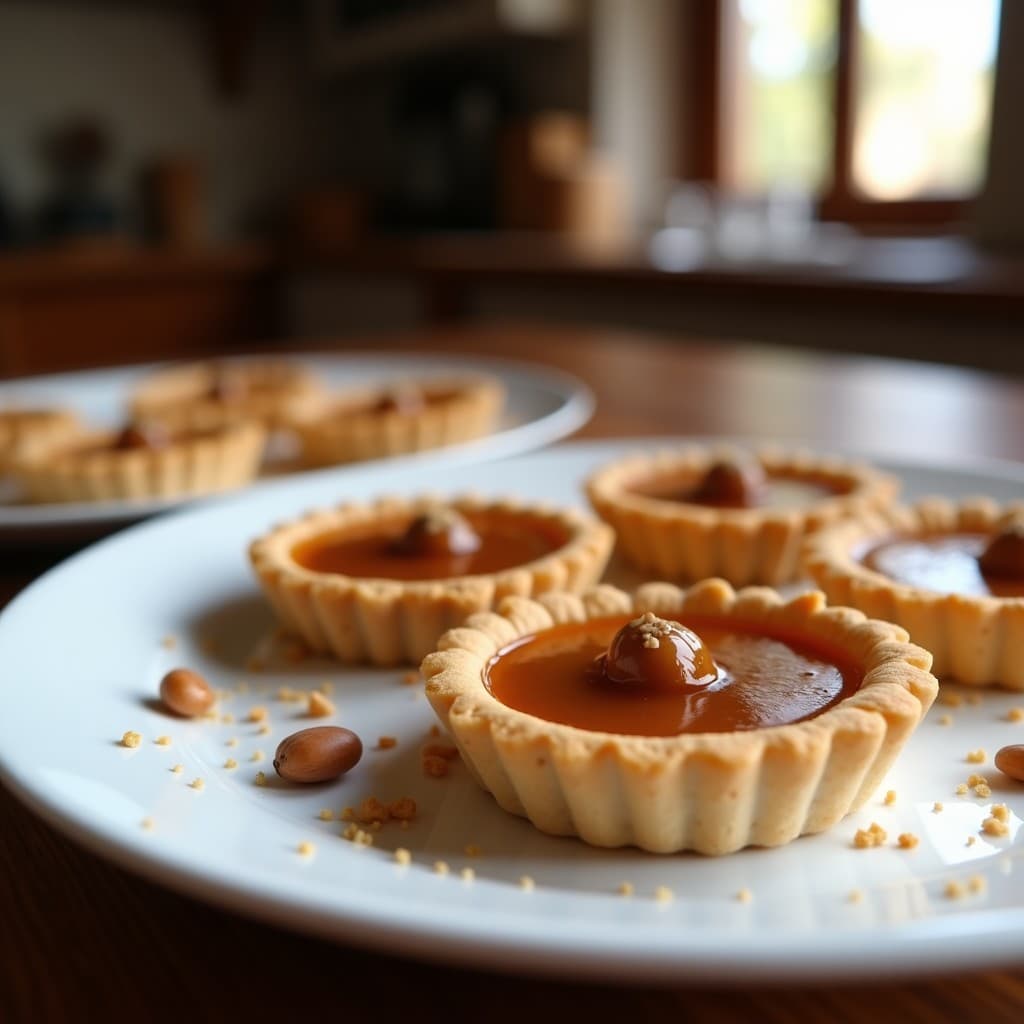 Tartaletas individuales de harina de castaño con relleno brillante de praliné de avellanas, decoradas con avellanas picadas y un hilo de crema de avellanas, sobre un plato de porcelana blanca con fondo borroso de cocina francesa.