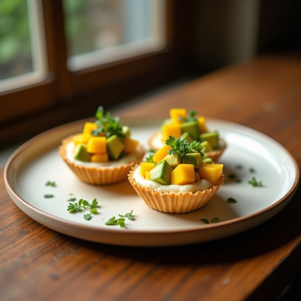 Tartaletas doradas de harina de coco rellenas de ceviche de mango y aguacate, decoradas con semillas de sésamo y hojas de menta. Aperitivo peruano sin gluten fresco y colorido.