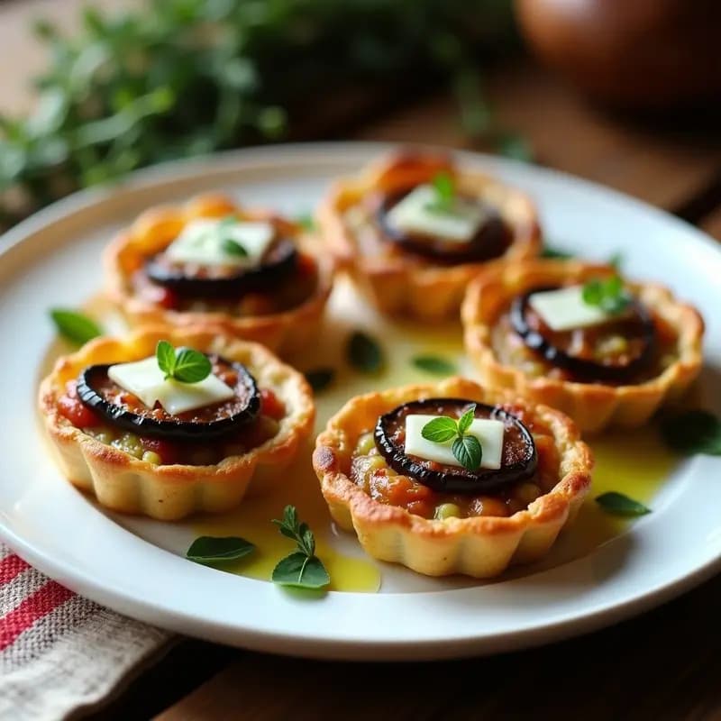 Tartaletas doradas de harina de guisante con relleno de ptobillo asado en láminas, cebolla morada caramelizada y queso comté gratinado, servidas en molde de airfryer con hierbas provenzales espolvoreadas. Receta francesa keto crujiente y alta en proteína.