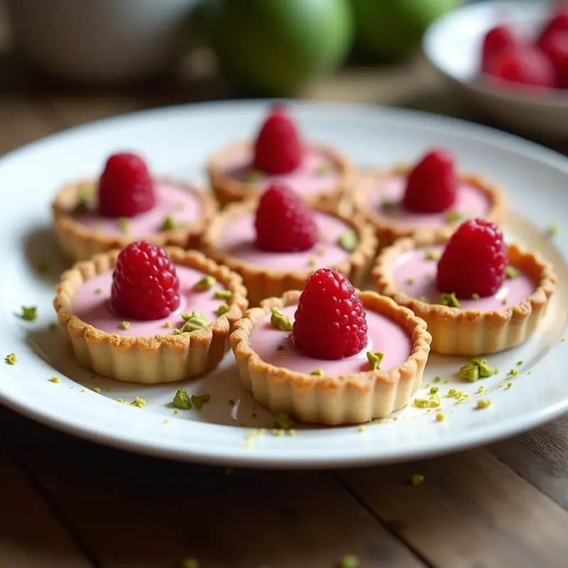 Tartaletas individuales de harina de pistacho doradas con relleno cremoso de color rosa pálido, decoradas con frambuesas frescas y virutas de pistacho, servidas en un plato blanco sobre fondo rústico.