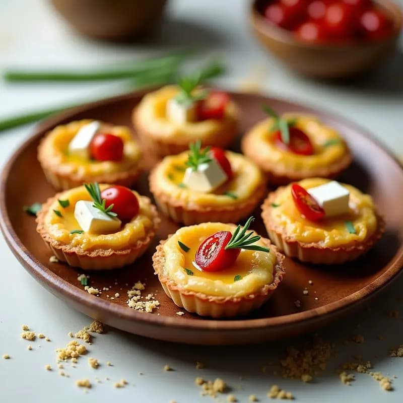 Tartaletas doradas de harina de plátano con trozos de queso feta y tomates secos, servidas en un plato de madera con cebollino fresco y un hilo de aceite de oliva. Desayuno griego sin horno.