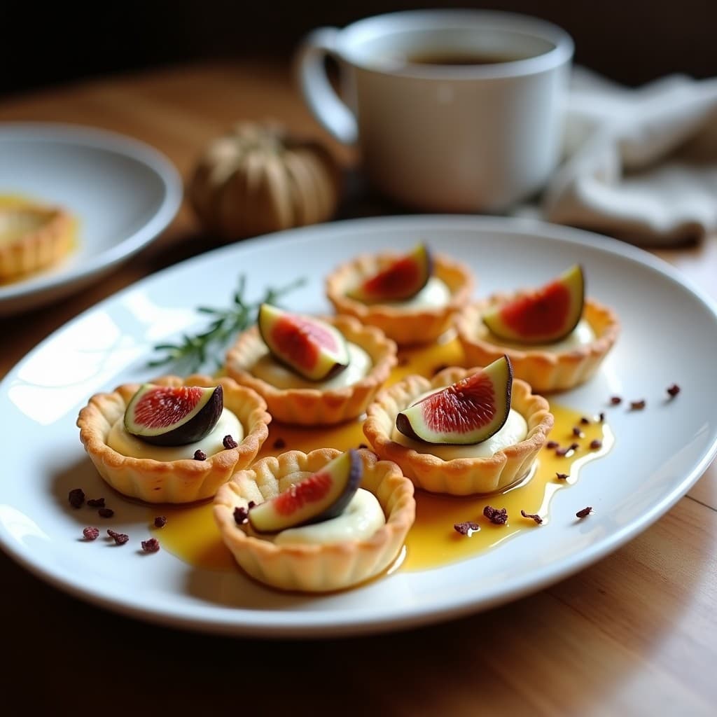 Tartaletas de hojaldre integral dorado rellenas de queso de cabra cremoso y higos frescos en láminas, bañadas con una reducción brillante de miel de lavanda con pimienta rosa, servidas en plato blanco rústico con fondo difuminado.