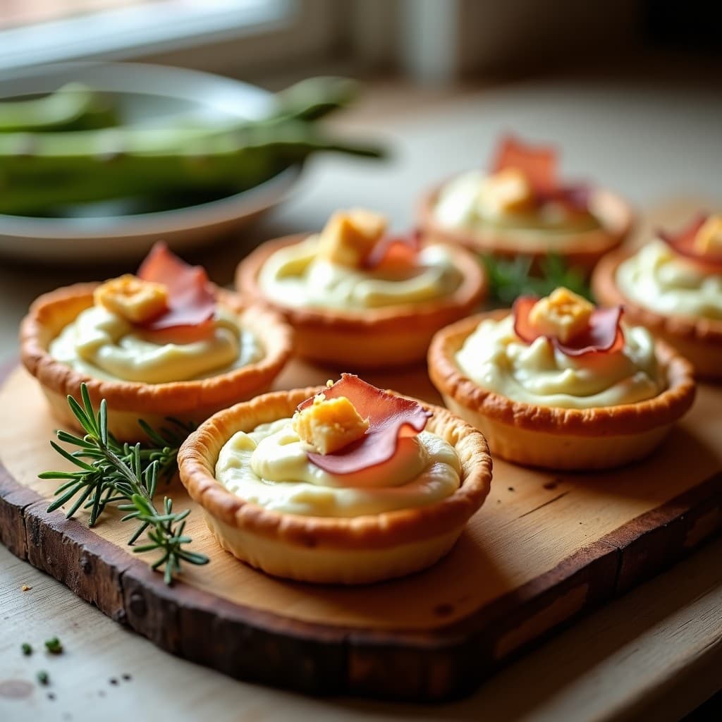 Tartaletas de hojaldre integral doradas rellenas de crema de espárragos blancos cremosa, decoradas con taquitos de jamón serrano y almendras fileteadas, presentadas en bandeja de madera para tupper.