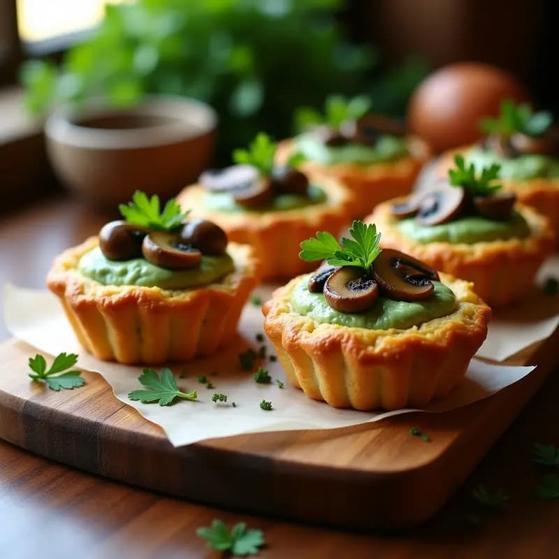 Tartaletas de hojaldre doradas y crujientes rellenas de crema verde de espinacas y champiñones salteados, con queso gratinado por encima, servidas en una bandeja de madera rústica. Receta de aperitivo francés en airfryer.