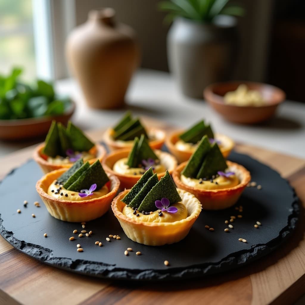 Tartaletas veganas con hummus cremoso y bacon de algas nori crujiente, decoradas con perejil morado y semillas de sésamo negro sobre una bandeja de madera rústica.