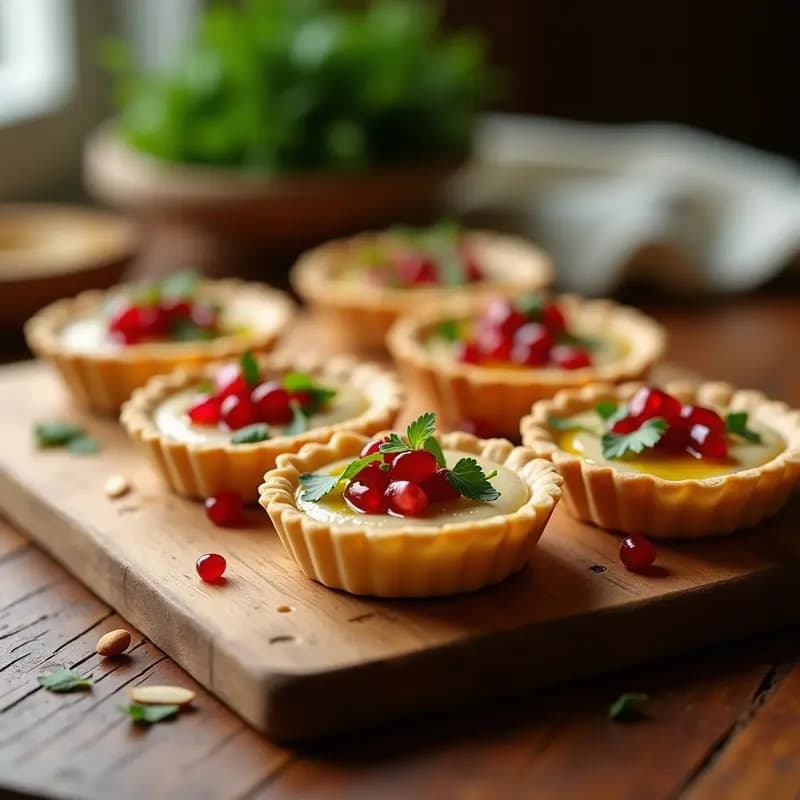 Tartaletas de hummus y bardana con base dorada de sémola, rellenas de crema de garbanzos y bardana, decoradas con semillas de granada rojas brillantes, hojas de menta fresca y un hilo de aceite de oliva virgen extra sobre fondo rústico de madera.