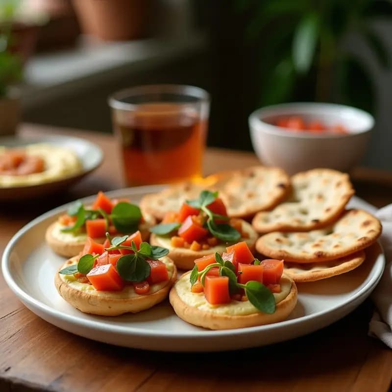 Tartaletas mediterráneas con base de pan de pita tostado, rellenas de hummus cremoso, berenjena, calabacín y pimiento rojo asados en capas, decoradas con semillas de sésamo, perejil fresco y granada. Receta de aperitivo sin horno.