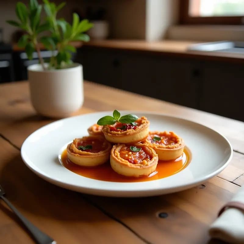 Tartaletas veganas sin horno con base crujiente de lentejas y cacao, rellenas de coulis brillante de frambuesa. Decoradas con almendras fileteadas sobre fondo blanco rústico.