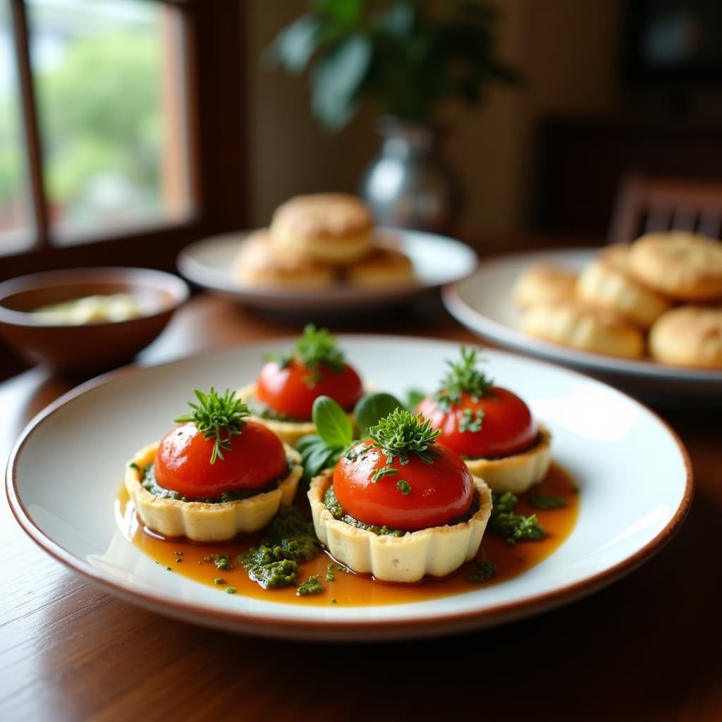 Tartaletas doradas de base de lentejas rojas rellenas de pesto de rúcula verde intenso y tomates cherry confitados brillantes, decoradas con aceitunas kalamata. Entrante mediterráneo sin gluten elegante y colorido.
