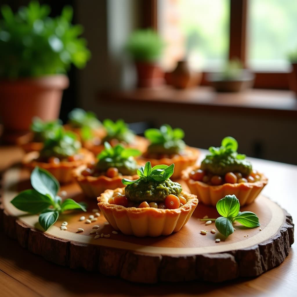 Tartaletas veganas doradas en airfryer rellenas de lentejas rojas cremosas y cubiertas con pesto de rúcula verde brillante, decoradas con semillas de sésamo y hojas de albahaca fresca.