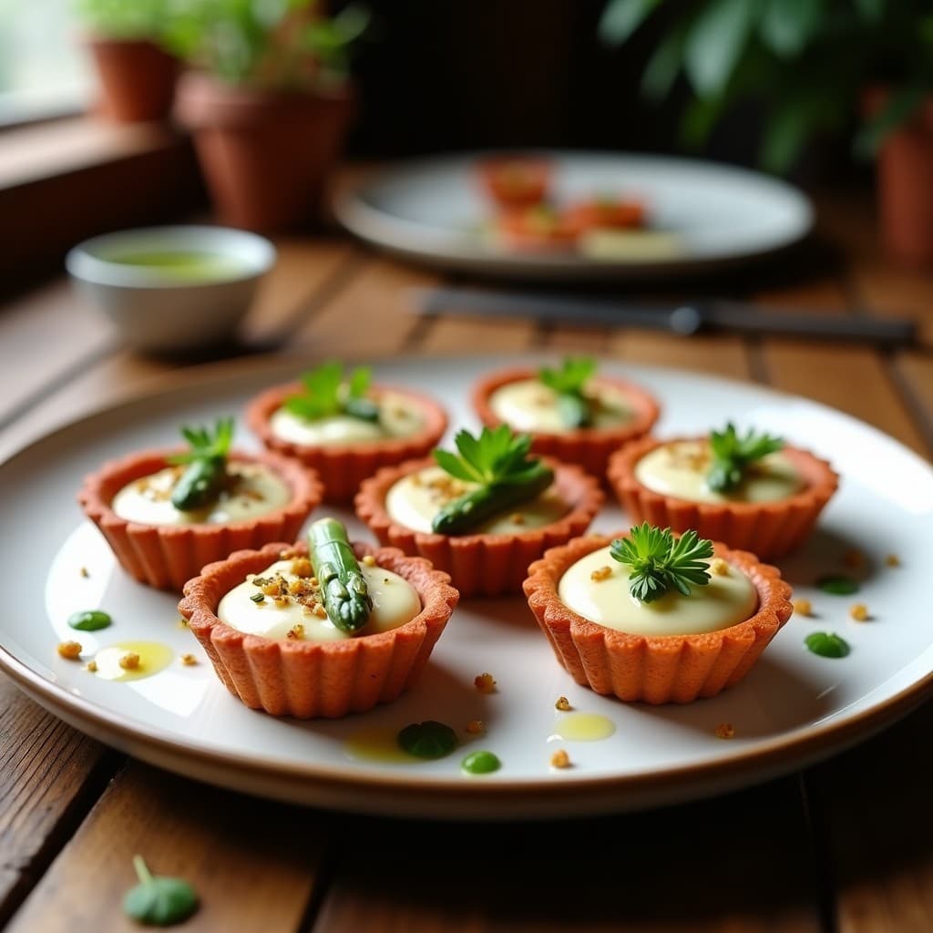 Tartaletas de masa dorada de lentejas rojas rellenas de crema suave de espárragos blancs, decoradas con puntas de espárragos, cebolla morada picada y perejil fresco. Plato vegano sin horno sobre fondo rústico de madera.