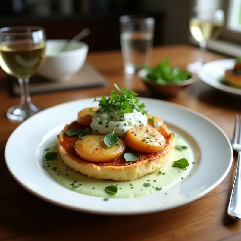 Seis tartaletas doradas de base de lentejas con relleno cremoso de tzatziki de pepino y menta, decoradas con hojas de menta fresca sobre un plato blanco rústico, entrantes griegos veganos y sin gluten.