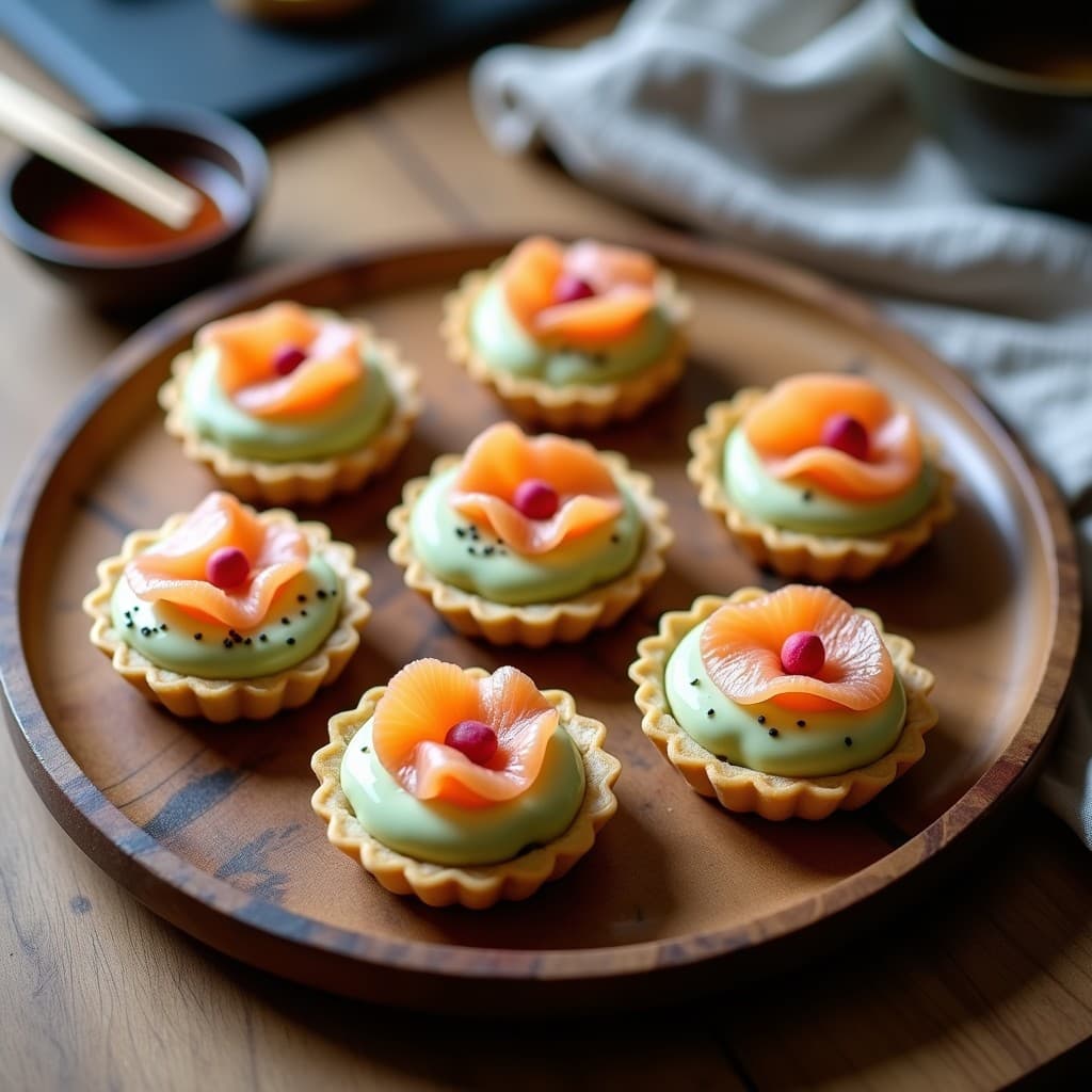 Tartaletas doradas de masa de almendra rellenas de crema de wasabi verde pálido, coronadas con láminas de salmón ahumado rosado, semillas de sésamo negro y pimienta rosa, servidas en bandeja de madera con fondo desenfocado.