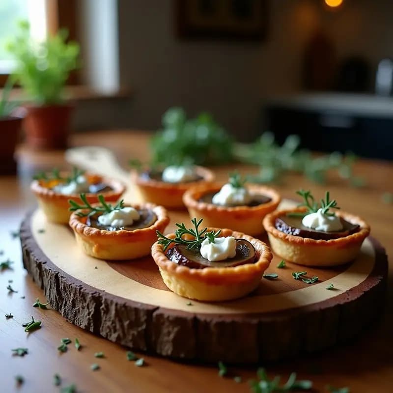 Tartaletas doradas de masa de castaña rellenas de champiñones Portobello salteados con cebolla morada y queso de cabra, decoradas con tomillo fresco sobre una tabla de madera rústica, receta italiana sin gluten.