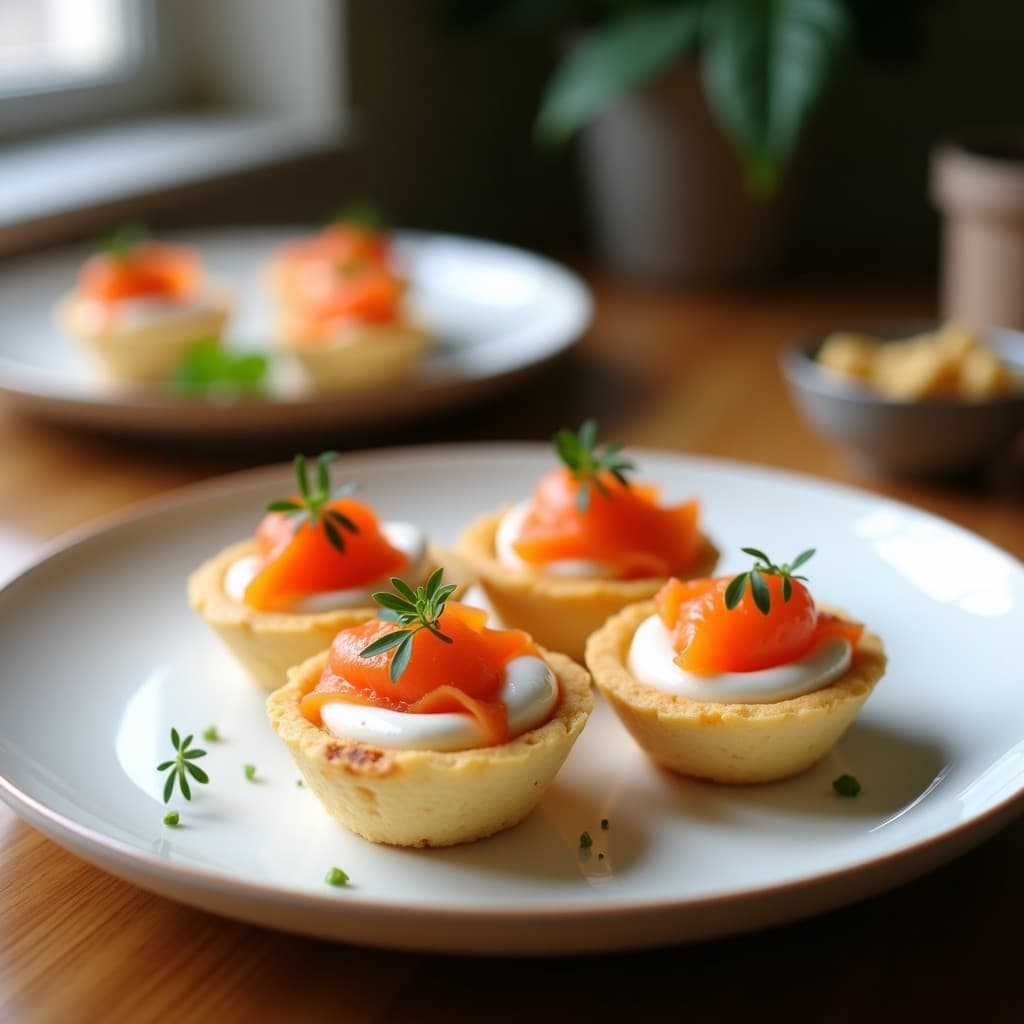 Tartaletas keto en airfryer con masa dorada de coco y sésamo negro, rellenas de crema verde de wasabi y coronadas con láminas de salmón ahumado, algas nori y cebollino fresco.