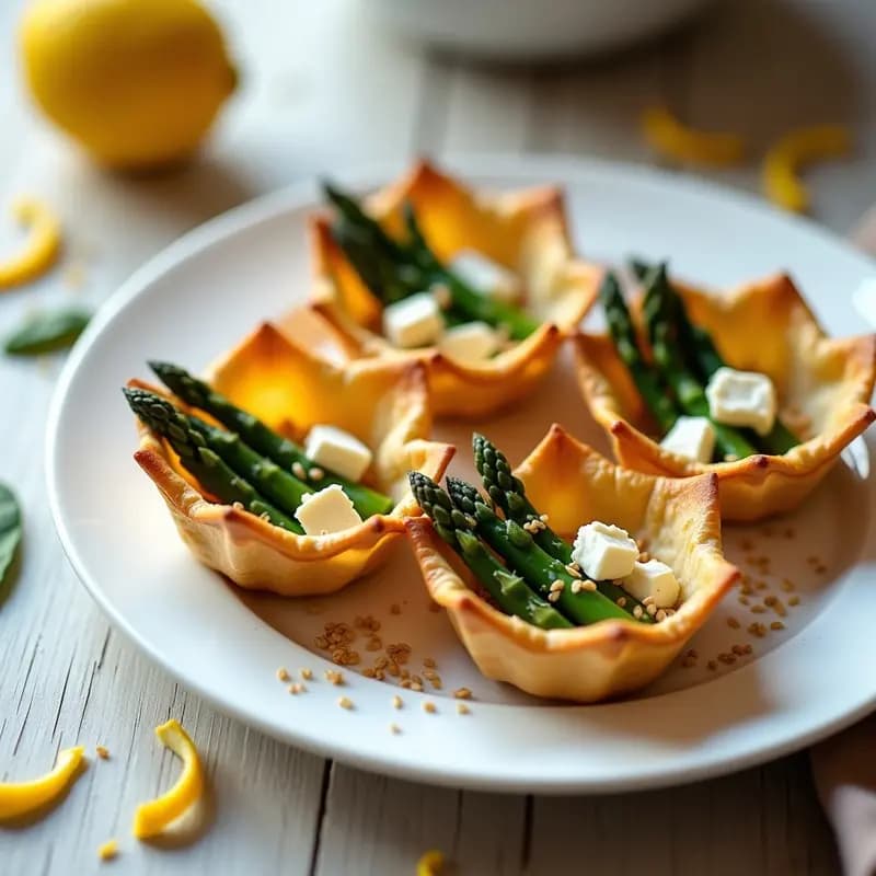Tartaletas doradas de masa filo rellenas de espárragos trigueros salteados y queso feta desmenuzado, servidas en molde de magdalenas con decoración de ralladura de limón y semillas de sésamo, receta griega ligera y crujiente.
