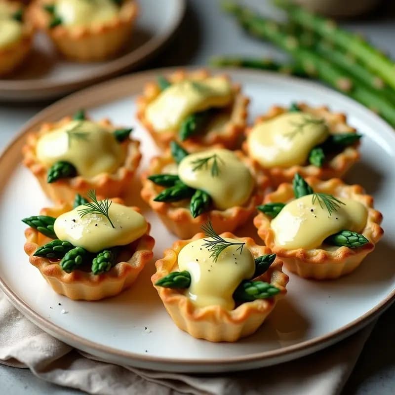 Tartaletas doradas de masa filo sin gluten rellenas de espárragos trigueros salteados y cubiertas con salsa holandesa ligera cremosa, decoradas con eneldo fresco y virutas de parmesano sobre un plato blanco rústico.