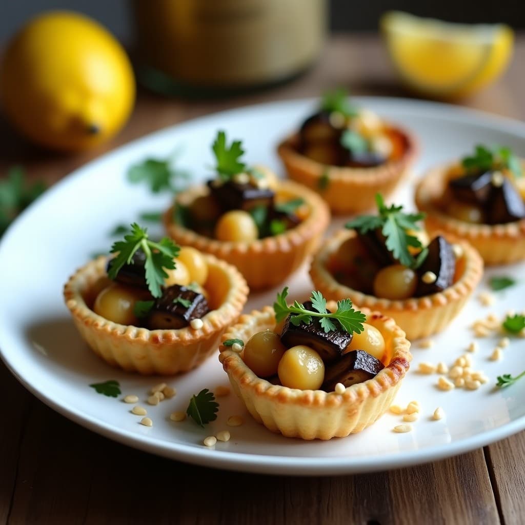 Tartaletas doradas de masa de garbanzo rellenas de berenjena asada en cubos y salsa de tahini cremosa, decoradas con perejil fresco y semillas de sésamo tostadas sobre un plato de cerámica blanca con fondo rústico.