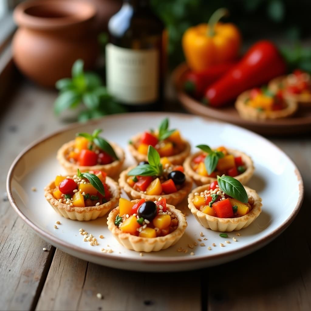 Tartaletas doradas de masa de garbanzo rellenas de pimientos asados y aceitunas Taggiasche, decoradas con semillas de sésamo y albahaca fresca sobre un plato de cerámica blanca con fondo rústico.