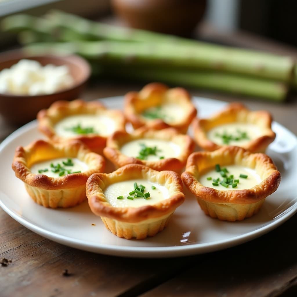 Tartaletas de masa de queso dorada rellenas de crema de espárragos blancos, decoradas con puntas de espárrago en abanico, almendras tostadas y perejil fresco. Plato elegante con toques franceses, servido en bandeja de madera.