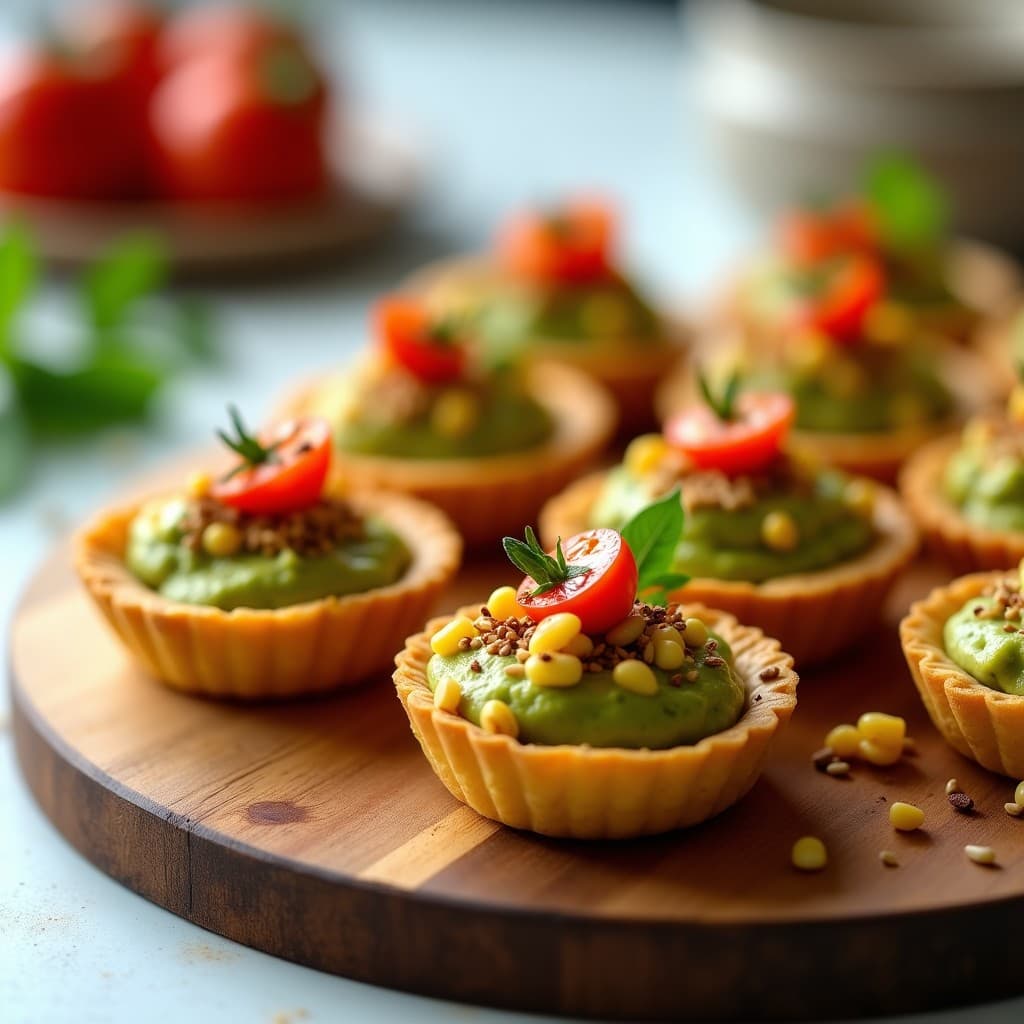 Tartaletas doradas de masarepa rellenas de guacamole cremoso y coronadas con crujiente de maíz tostado y semillas de sésamo, servidas en bandeja rústica de madera con tomates cherry como decoración. Receta de entrante colombiano sin gluten.